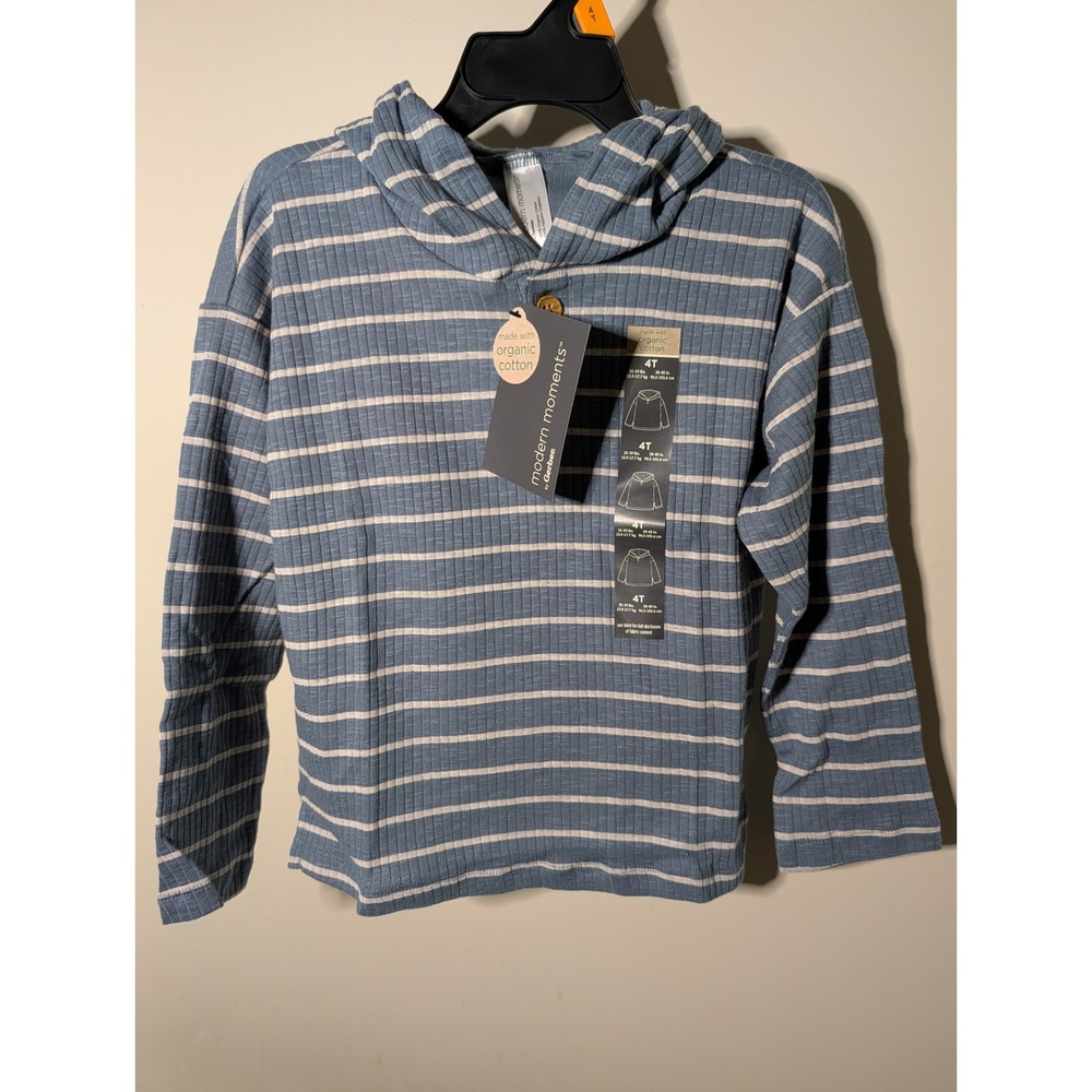 Modern Moments by Gerber Kids Blue Striped Organic Cotton Hooded Tee 4T NWT